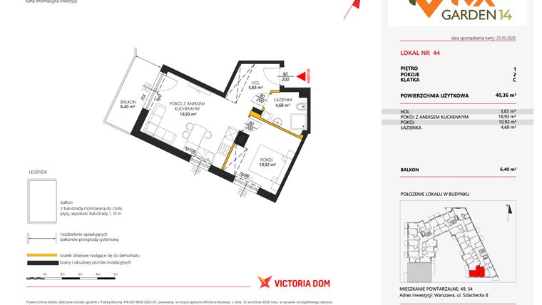 Rzut - Mieszkanie na sprzedaż 2 pokoje o powierzchni 40,36 m² - numer 44 w Viva Garden 14
