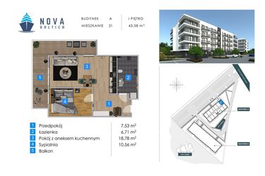 Rzut - Mieszkanie na sprzedaż 2 pokoje o powierzchni 43,58 m² - numer A21 w Nova Baltica Mieszkania Kołobrzeg