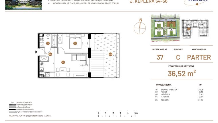 Rzut - Mieszkanie na sprzedaż 2 pokoje o powierzchni 36,52 m² - numer JAR-III-C-LM-M37 w Osiedle JAR Heweliusza etap III