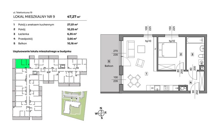 Rzut - Mieszkanie na sprzedaż 2 pokoje o powierzchni 47,27 m² - numer 9 w Nova Radiostacja