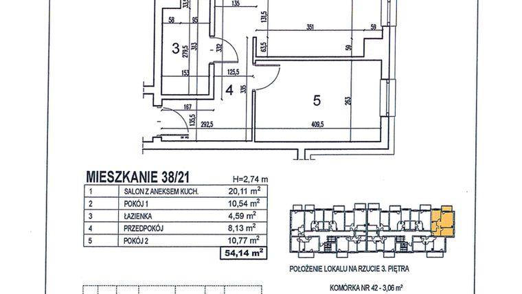 Rzut - Mieszkanie na sprzedaż 3 pokoje o powierzchni 54,14 m² - numer 38/21 w Osiedle Jodłowa bud. D