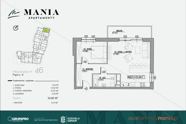 Rzut - Mieszkanie na sprzedaż 2 pokoje o powierzchni 50,86 m² - numer 46 w MANIA Apartamenty