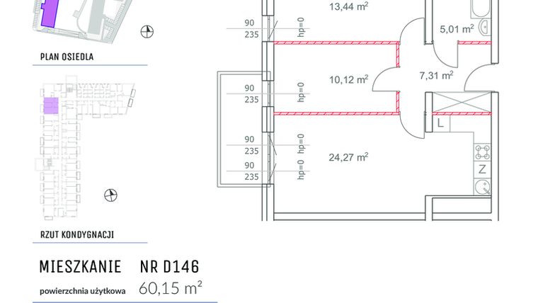 Rzut - Mieszkanie na sprzedaż 3 pokoje o powierzchni 60,15 m² - numer D146 w Osiedle Impresja 2