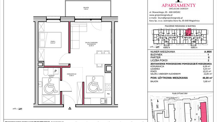 Rzut - Mieszkanie na sprzedaż 2 pokoje o powierzchni 46 m² - numer A.05 w Apartamenty Grójeckie Ogrody