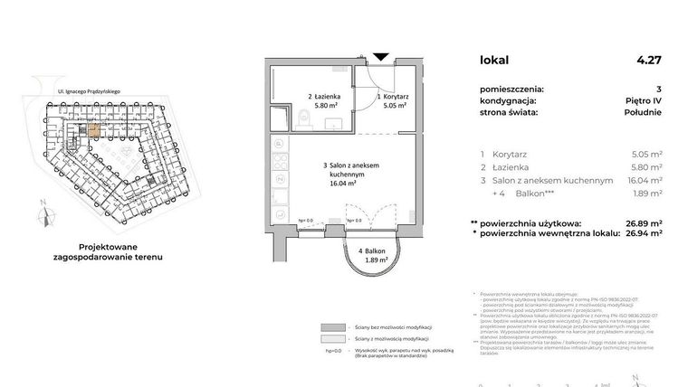 Rzut - Mieszkanie na sprzedaż 1 pokój o powierzchni 27,17 m² - numer 4.27 w OVAL SKY