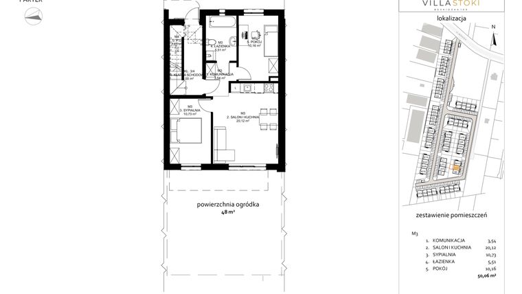 Rzut - Mieszkanie na sprzedaż 3 pokoje o powierzchni 50,06 m² - numer M3 w Villa Stoki (mieszkania)