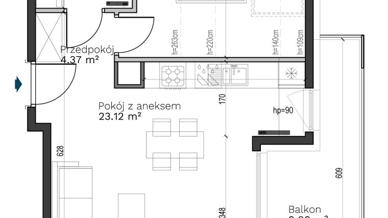 Rzut - Mieszkanie na sprzedaż 2 pokoje o powierzchni 40,58 m² - numer A-24 w Destino