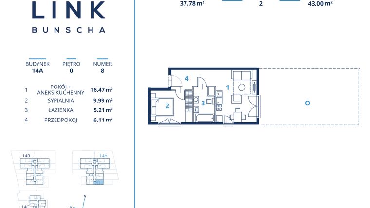 Rzut - Mieszkanie na sprzedaż 2 pokoje o powierzchni 37,78 m² - numer 14A.8 w LINK BUNSCHA