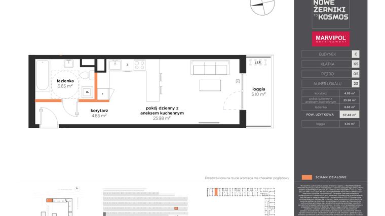 Rzut - Mieszkanie na sprzedaż 1 pokój o powierzchni 37,48 m² - numer C-05-23-K5 w Nowe Żerniki to KOSMOS