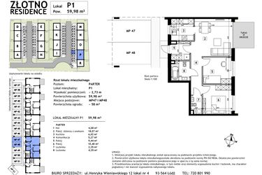 Rzut - Mieszkanie na sprzedaż 3 pokoje o powierzchni 59,98 m² - numer P1 w Złotno Residence
