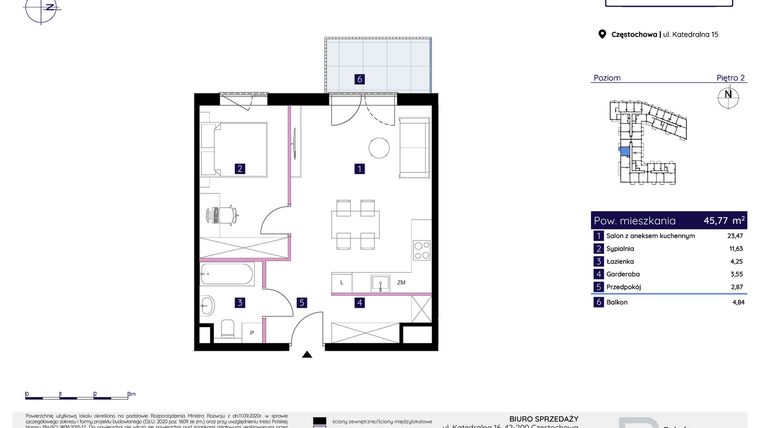 Rzut - Mieszkanie na sprzedaż 2 pokoje o powierzchni 45,77 m² - numer 15/110 w Osiedle Neonowe