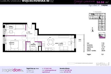 Rzut - Mieszkanie na sprzedaż 3 pokoje o powierzchni 54,04 m² - numer 2 w Wojciechowska Square