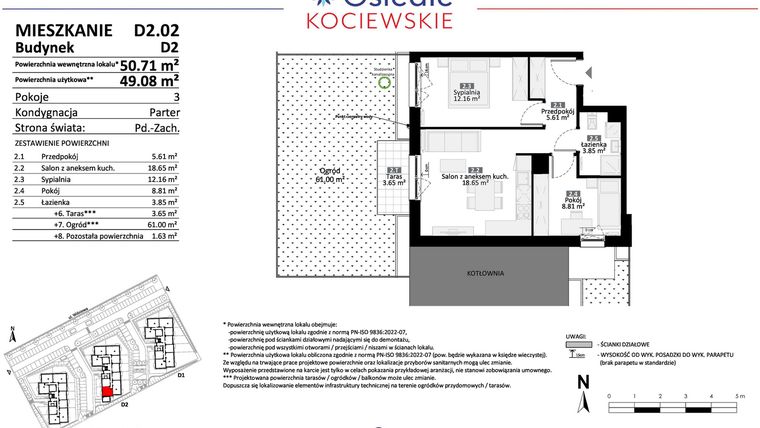 Rzut - Mieszkanie na sprzedaż 3 pokoje o powierzchni 49,08 m² - numer D2.02 w Osiedle Kociewskie etap IV