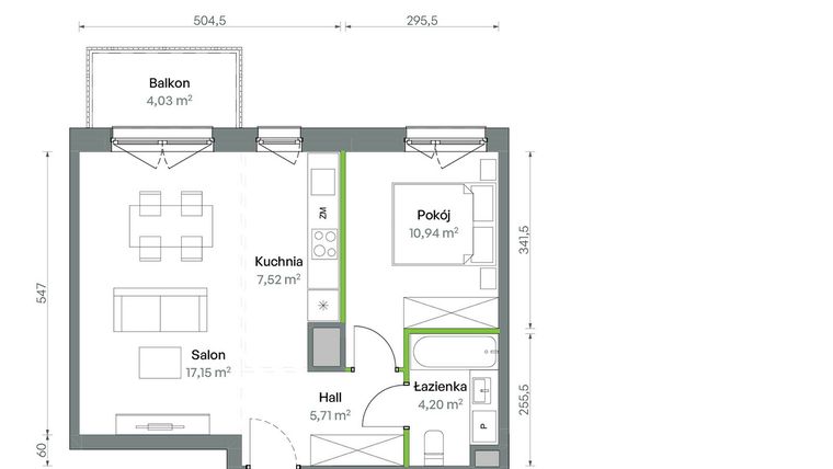 Rzut - Mieszkanie na sprzedaż 2 pokoje o powierzchni 45,52 m² - numer 1/A/2/48 w Oliwska Vita