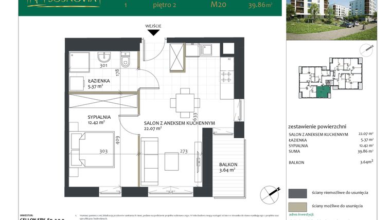 Rzut - Mieszkanie na sprzedaż 2 pokoje o powierzchni 39,86 m² - numer 1.M20 w Sosnovia