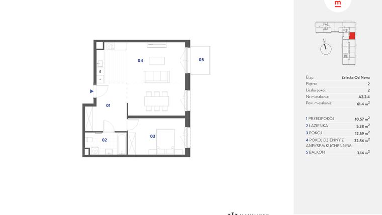 Rzut - Mieszkanie na sprzedaż 2 pokoje o powierzchni 61,4 m² - numer A2.2.4 w Mieszkaj w mieście Załęska od Nowa