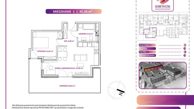 Rzut - Mieszkanie na sprzedaż 2 pokoje o powierzchni 45,63 m² - numer 1B w Geometryczna 5 - etap 3 - klatka I