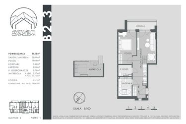 Rzut - Mieszkanie na sprzedaż 2 pokoje o powierzchni 51,55 m² - numer B2.3 w Apartamenty Czarnoleska