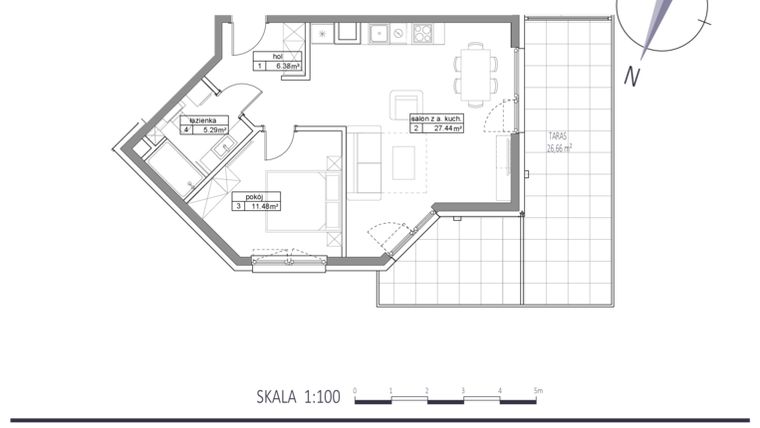 Rzut - Mieszkanie na sprzedaż 2 pokoje o powierzchni 50,59 m² - numer E7 w Apartamenty na Klifie bud. D, E i F