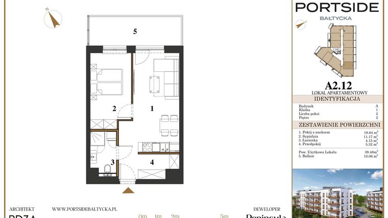Rzut - Mieszkanie na sprzedaż 2 pokoje o powierzchni 39,48 m² - numer A2.12 w Portside Bałtycka