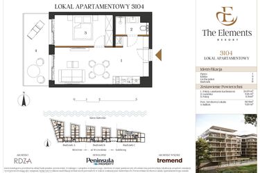 Rzut - Mieszkanie na sprzedaż 2 pokoje o powierzchni 38,91 m² - numer B3104 w The Elements Resort