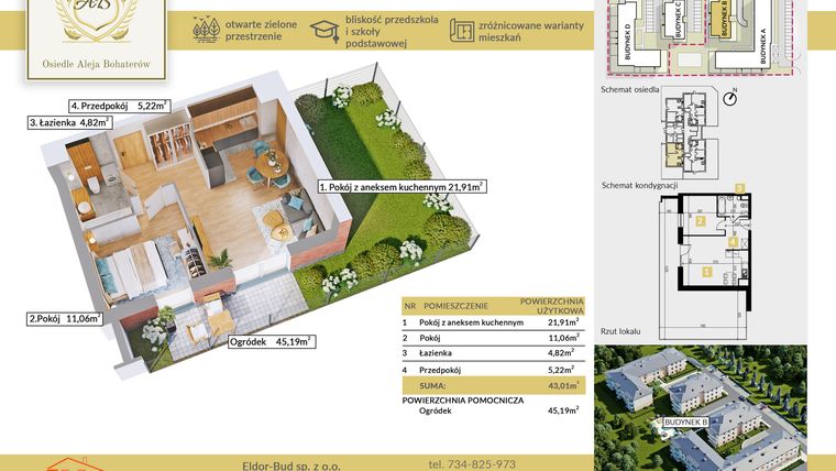 Rzut - Mieszkanie na sprzedaż 2 pokoje o powierzchni 43,01 m² - numer B.2 w Aleja Bohaterów
