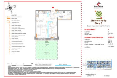 Rzut - Mieszkanie na sprzedaż 2 pokoje o powierzchni 41,25 m² - numer 1 w Zielone Sady etap III B2