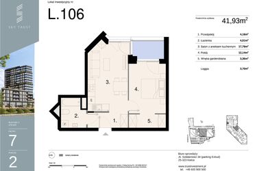 Rzut - Mieszkanie na sprzedaż 2 pokoje o powierzchni 41,93 m² - numer L106 w Sky Trust etap II - apartamenty inwestycyjne 23% VAT PRS