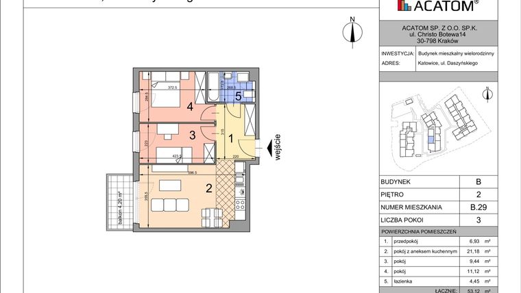 Rzut - Mieszkanie na sprzedaż 3 pokoje o powierzchni 53,05 m² - numer B29 w Daszyńskiego Park