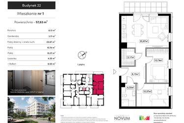 Rzut - Mieszkanie na sprzedaż 3 pokoje o powierzchni 57,63 m² - numer B22.M1 w Novum Rumia - bud. 22