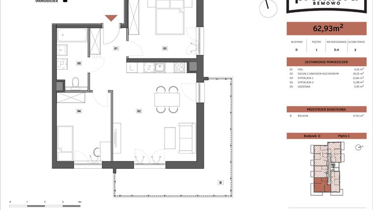 Rzut - Mieszkanie na sprzedaż 3 pokoje o powierzchni 62,93 m² - numer D.06 w Premiera Bemowo