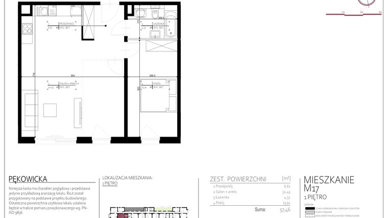 Rzut - Mieszkanie na sprzedaż 2 pokoje o powierzchni 57,46 m² - numer 17 w Pękowicka 96