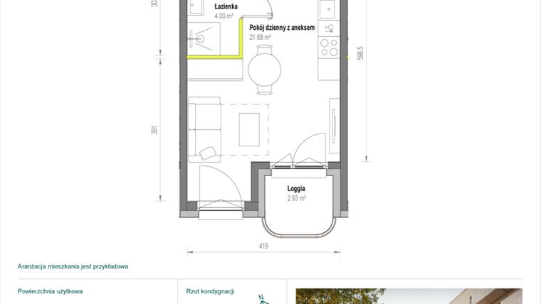 Rzut - Mieszkanie na sprzedaż 1 pokój o powierzchni 25,68 m² - numer A/2/47 w Skorosze Vita