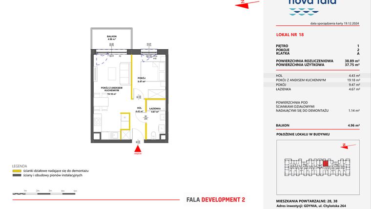 Rzut - Mieszkanie na sprzedaż 2 pokoje o powierzchni 38,89 m² - numer 18 w Miasteczko Nova Fala