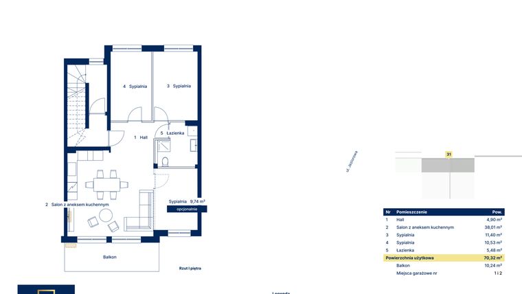 Rzut - Mieszkanie na sprzedaż 4 pokoje o powierzchni 70,32 m² - numer 31 w Nova Jeziorowa 2
