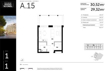 Rzut - Mieszkanie na sprzedaż 1 pokój o powierzchni 30,52 m² - numer A.15 w Browar HUGO SCOBEL