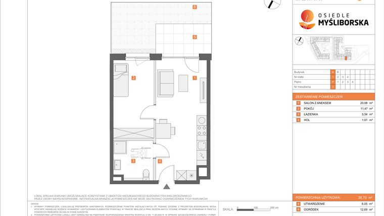 Rzut - Mieszkanie na sprzedaż 2 pokoje o powierzchni 38,7 m² - numer A3 w Osiedle Myśliborska