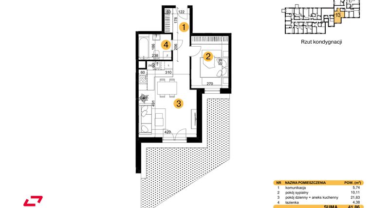 Rzut - Mieszkanie na sprzedaż 2 pokoje o powierzchni 41,86 m² - numer M13 w Punkt Wola