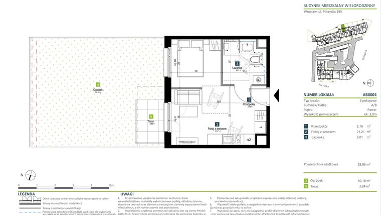 Rzut - Mieszkanie na sprzedaż 1 pokój o powierzchni 28,98 m² - numer AB0004 w Pilczycka Vita