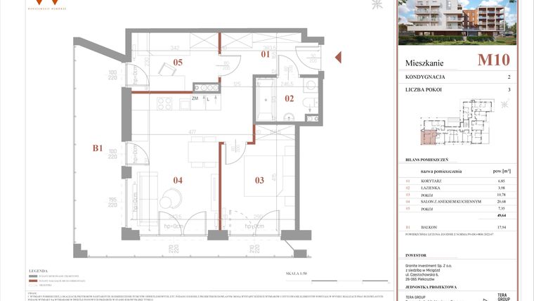 Rzut - Mieszkanie na sprzedaż 3 pokoje o powierzchni 49,64 m² - numer M10 w Warszawskie Wzgórze
