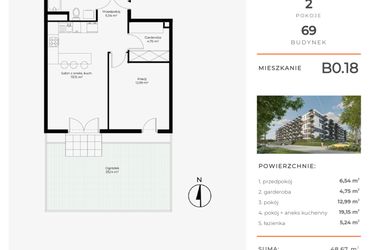 Rzut - Mieszkanie na sprzedaż 2 pokoje o powierzchni 48,67 m² - numer B0.18 w Enklawa Bukowa II