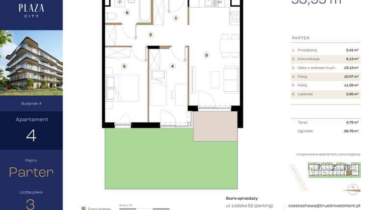 Rzut - Mieszkanie na sprzedaż 3 pokoje o powierzchni 53,95 m² - numer B4M4 w Plaza City