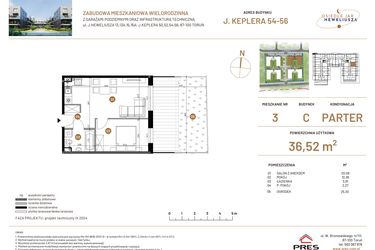 Rzut - Mieszkanie na sprzedaż 2 pokoje o powierzchni 36,52 m² - numer JAR-III-C-LM-M3 w Osiedle JAR Heweliusza etap III
