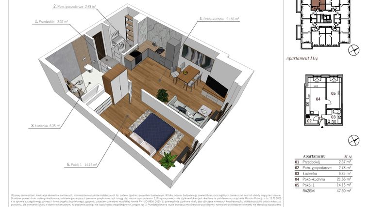 Rzut - Mieszkanie na sprzedaż 2 pokoje o powierzchni 47,3 m² - numer M14 w Przy Parku etap II