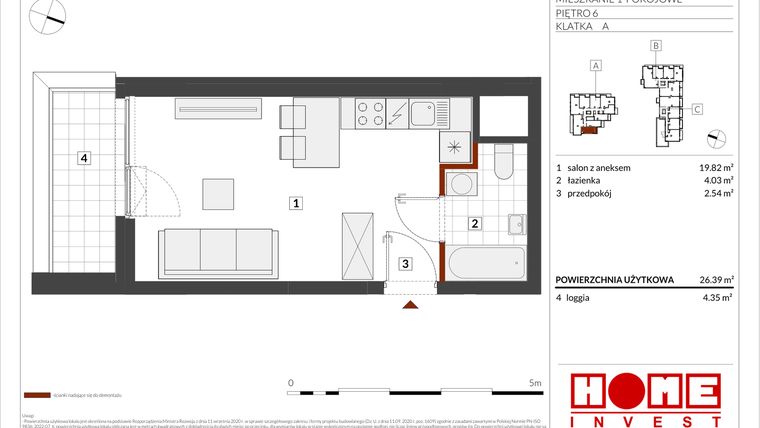 Rzut - Mieszkanie na sprzedaż 1 pokój o powierzchni 26,39 m² - numer B2-A052 w Warszawski Świt etap IX