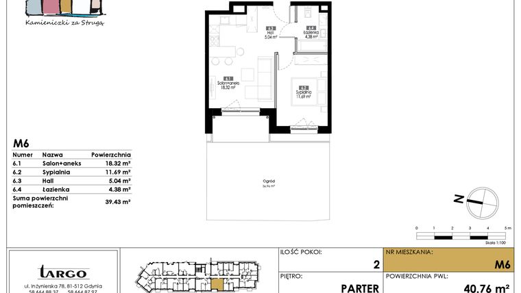 Rzut - Mieszkanie na sprzedaż 2 pokoje o powierzchni 39,43 m² - numer M6 w Kamieniczki za Strugą