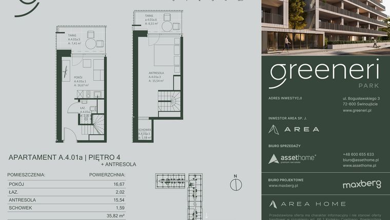 Rzut - Mieszkanie na sprzedaż 2 pokoje o powierzchni 35,82 m² - numer A.4.01a w Greeneri Park