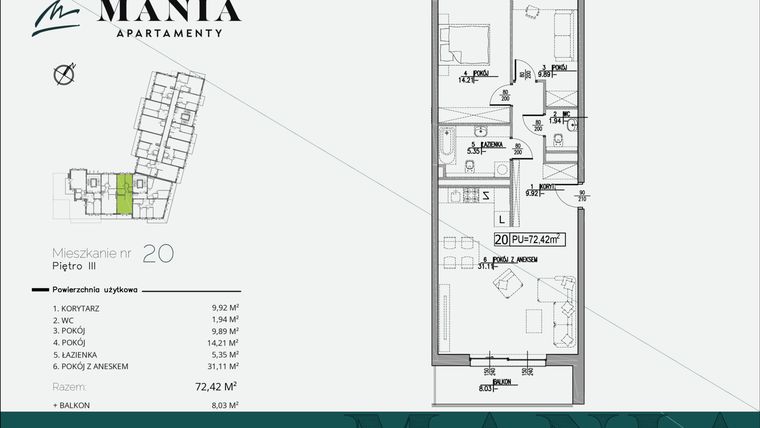 Rzut - Mieszkanie na sprzedaż 3 pokoje o powierzchni 72,42 m² - numer 20 w MANIA Apartamenty