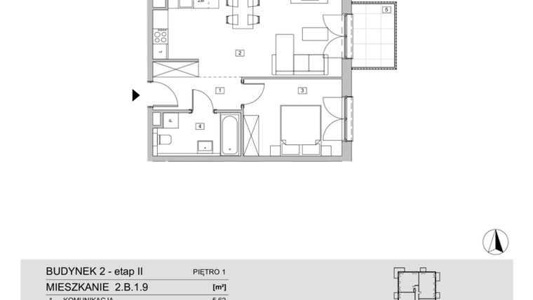 Rzut - Mieszkanie na sprzedaż 2 pokoje o powierzchni 45,98 m² - numer 2.B.1.9 w ATAL Apollina II