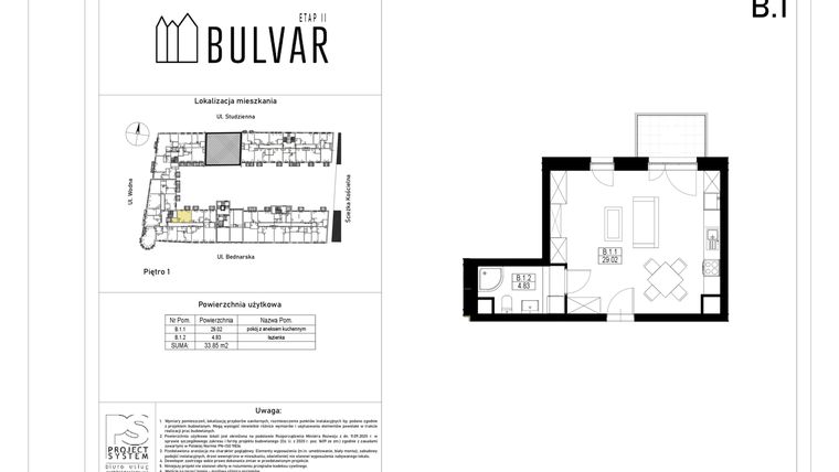 Rzut - Mieszkanie na sprzedaż 1 pokój o powierzchni 33,85 m² - numer B1 w Bulvar etap II